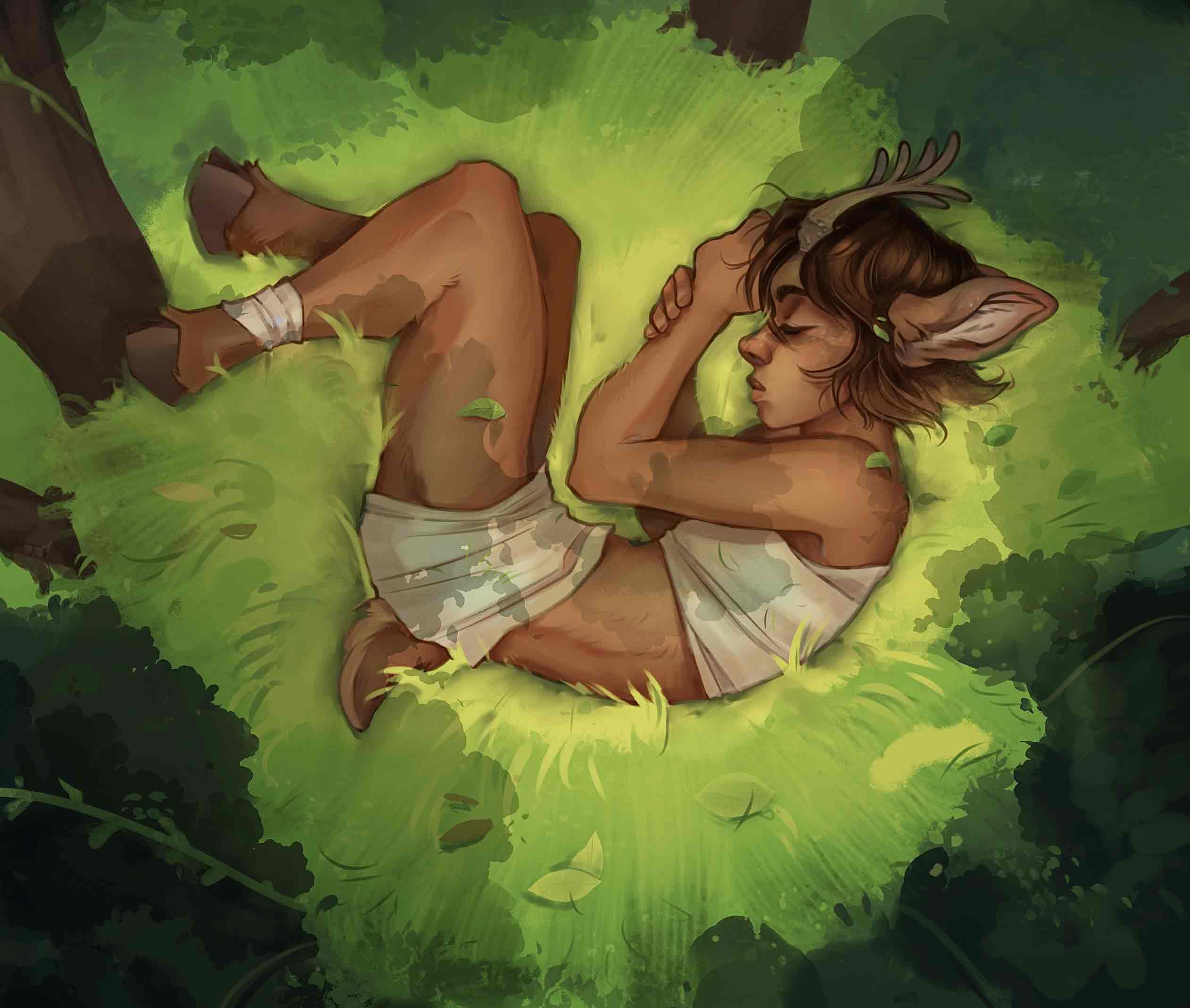 Girl with brown hair and deer like features such as antlers and hooves for feet rests in the soft green grass