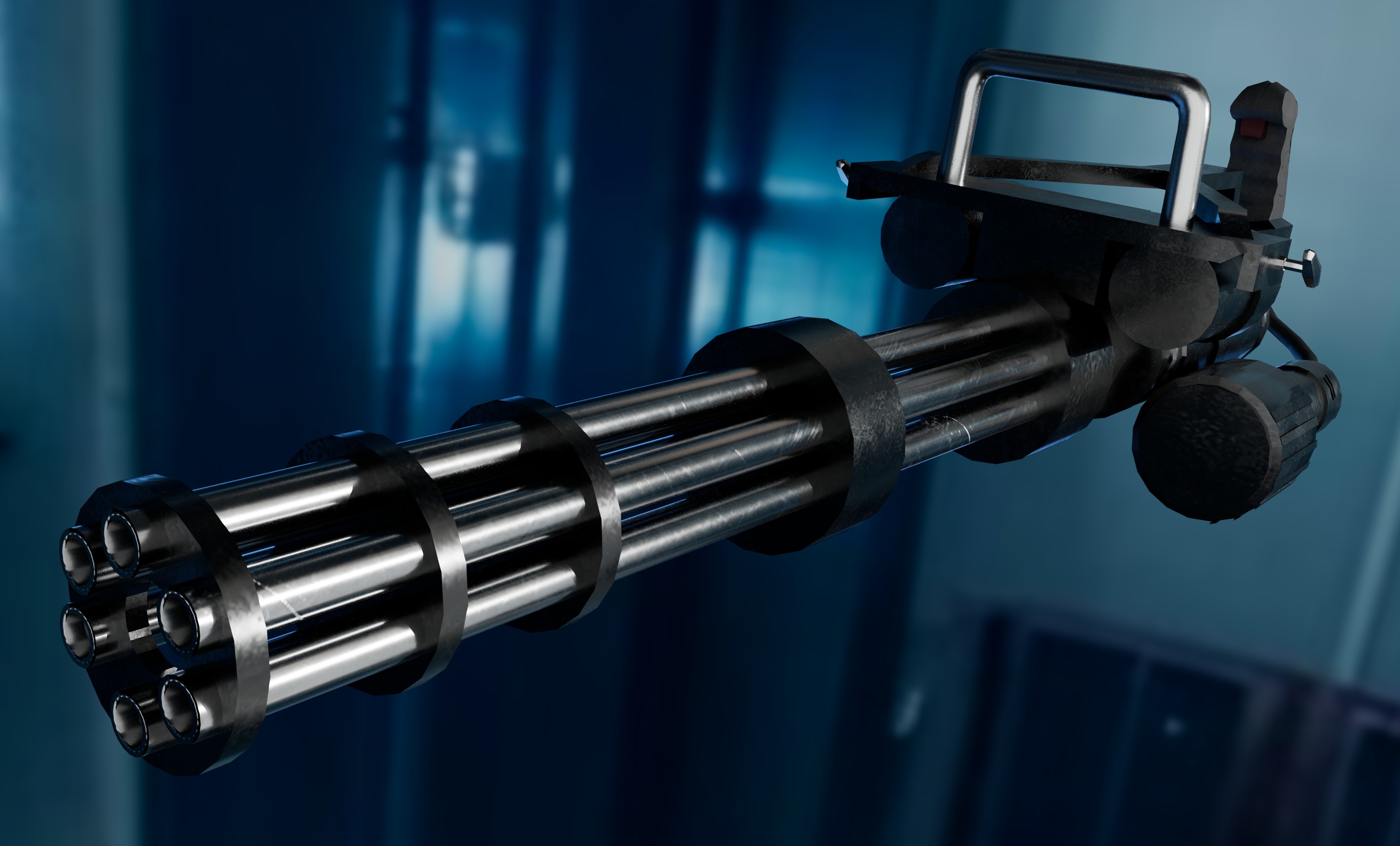 Black and silver mini gatling gun facing forward with a blue background