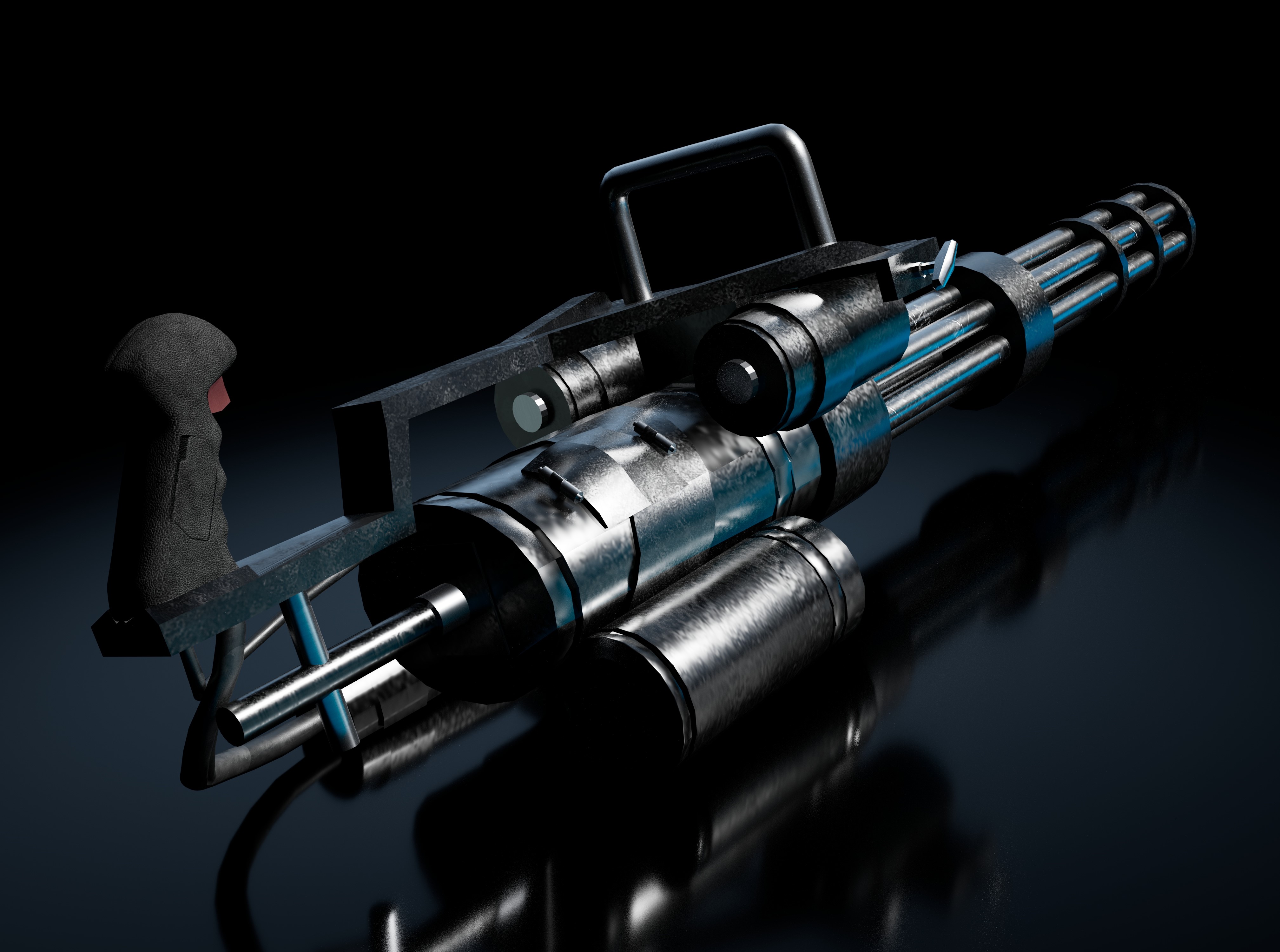 Black and silver mini gatling gun from the back view showing the handle with a black and blue background