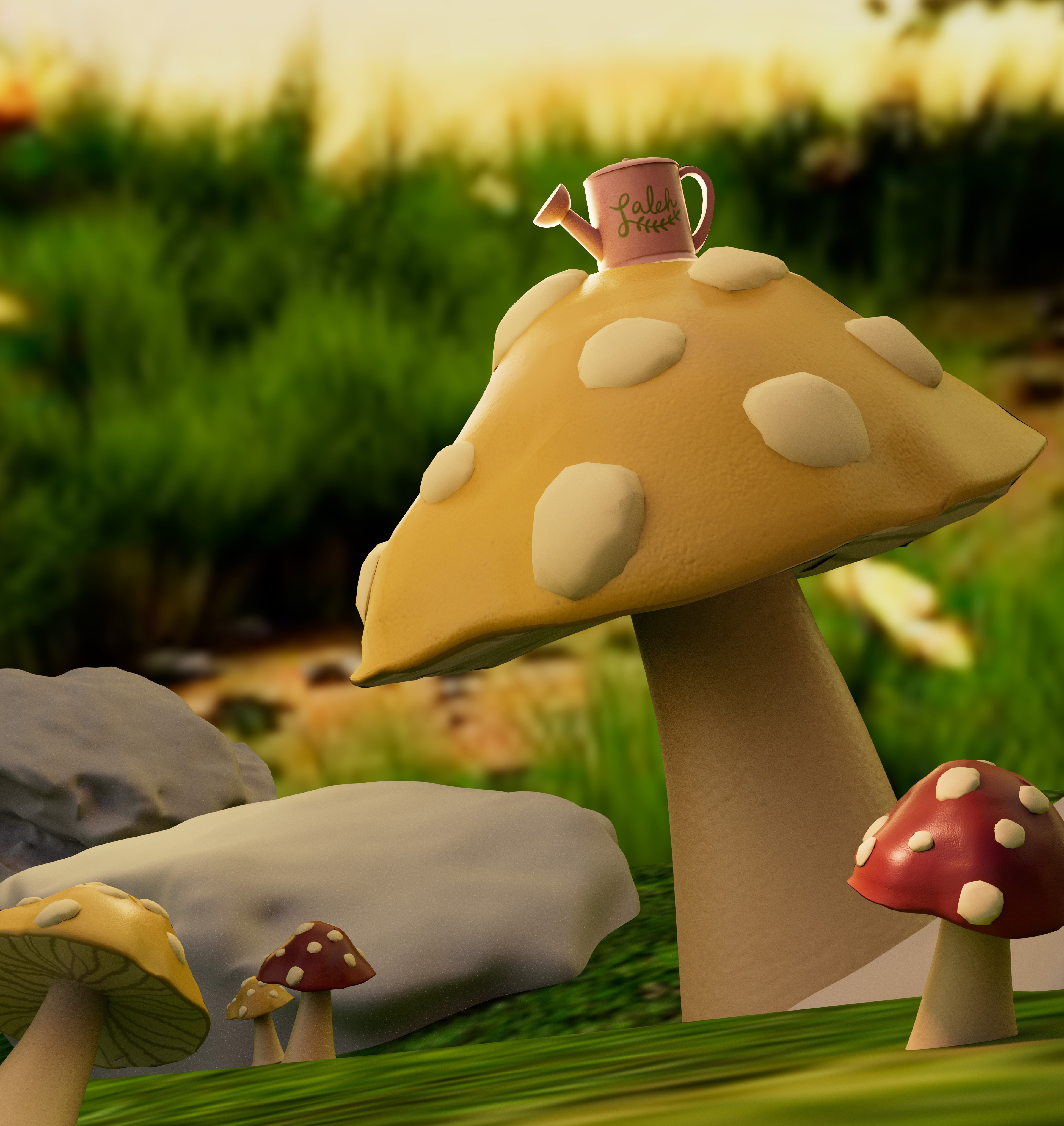 Mushrooms in a grassy environment with a pink watering can sitting upon the largest red yellow mushroom on the right