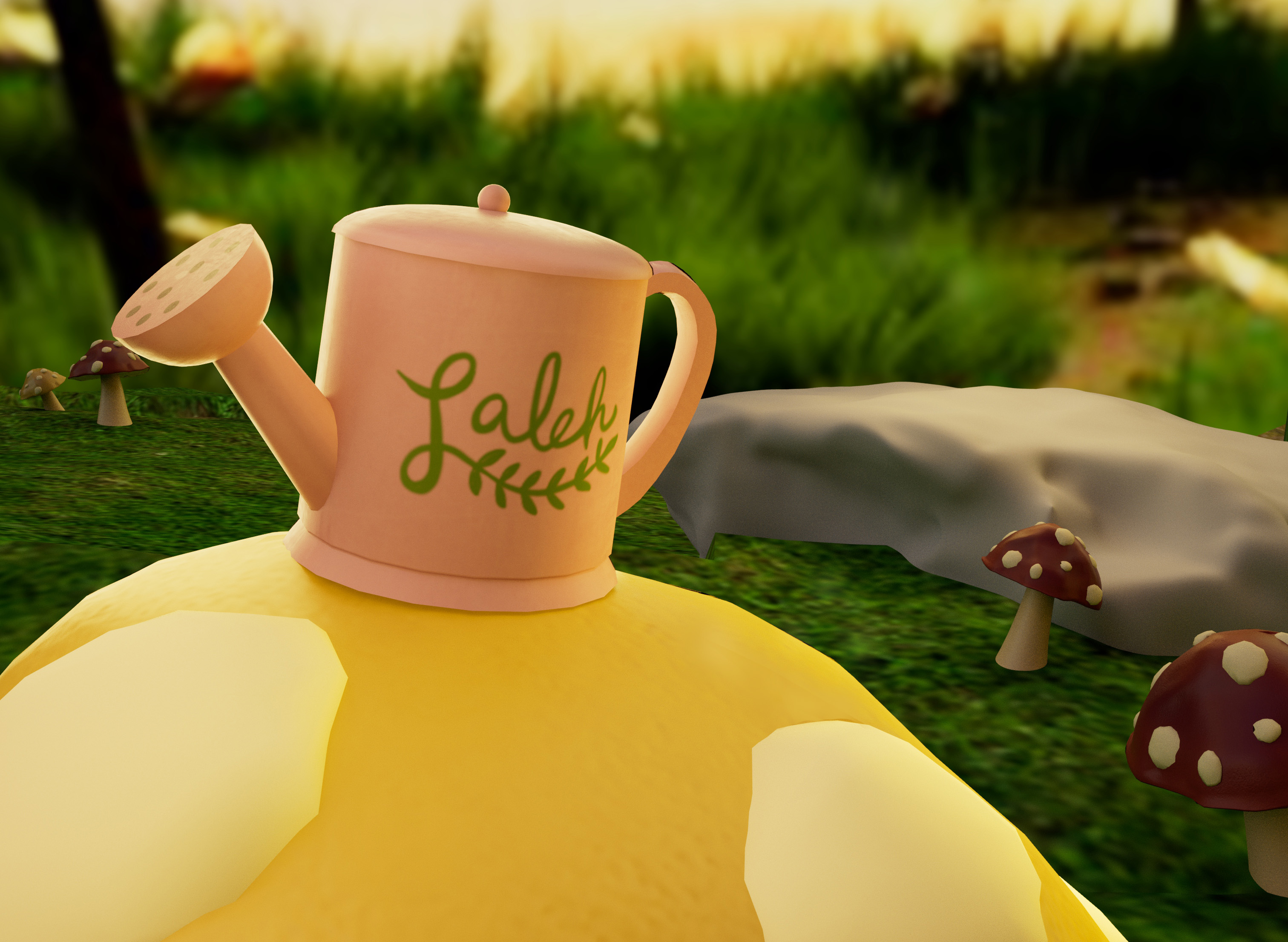 Close up of mushrooms in a grassy environment with a pink watering can as the main focus sitting on yellow mushroom with the name Laleh written on the can