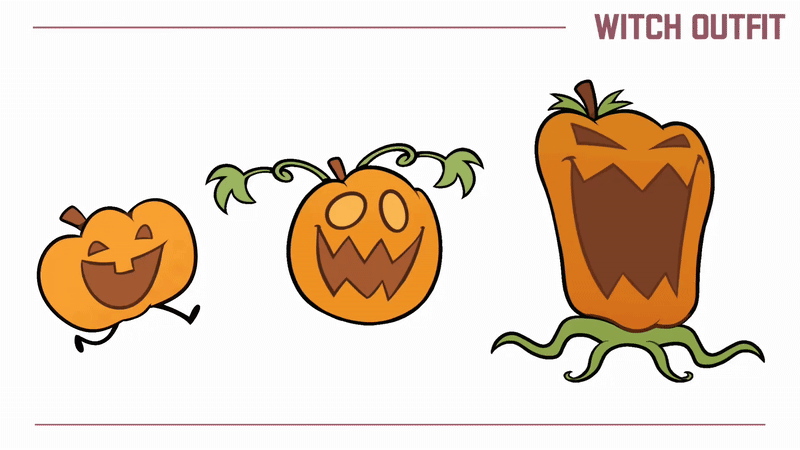 Gif of 3 Jack-o-Lanterns. The first pumpkin is small and cute, the second is bigger and hops, the third is the largest and uses its vines to crawl