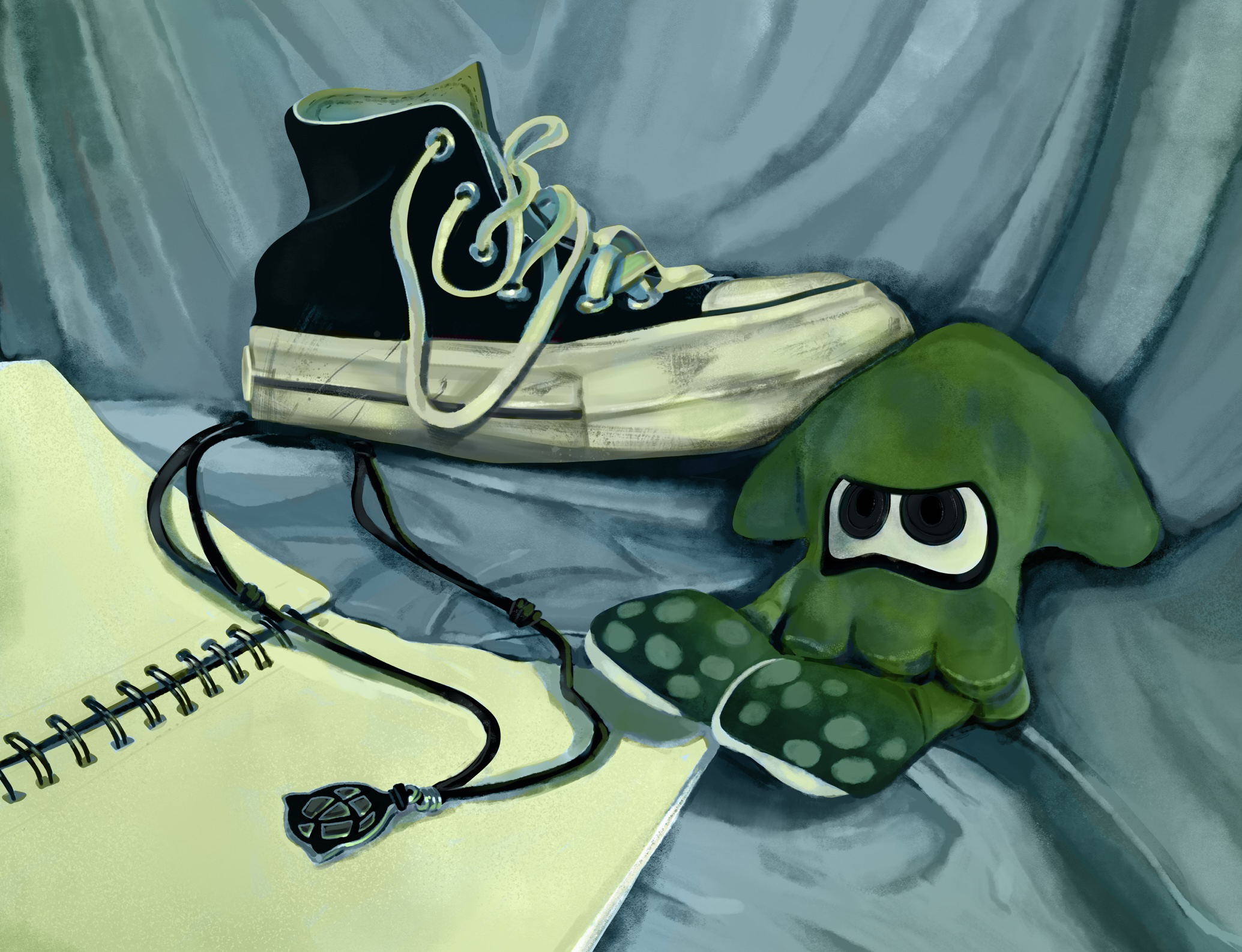 Realistic digital painting of a black converse shoe, a sketchbook, a necklace with a silver pendant, and a green plushie of a Splatoon squid. The background is blue fabric. 