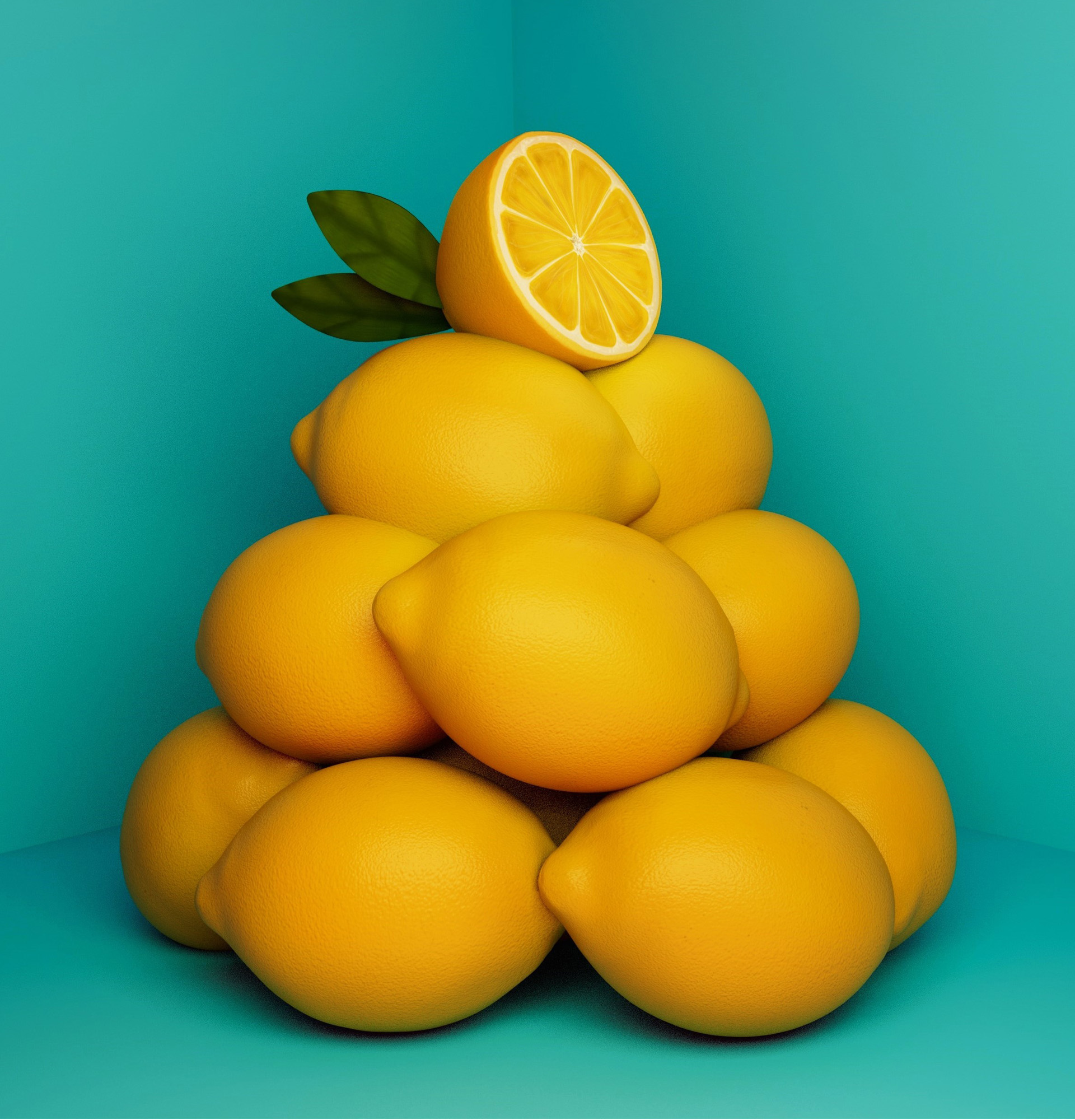 Lemons in a stack with a blue background